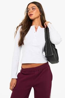 Katoenen Henley Met Knoopsluiting Aan De Voorkant En Lange Mouwen Top, Ash Grey - 44