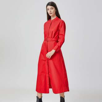 Katoenen overhemdjurk met hoge kraag Rood - XS