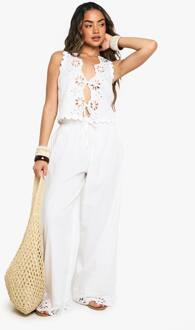 Katoenen Popeline Co-Ord Set Met Broderie-Trim Waistcoat En Broek, White - 42