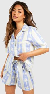 Katoenen Popeline Gestreept Palmprint Overhemd Met Korte Mouwen, Baby Blue - 38