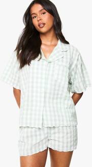 Katoenen Poplin Gingham Pyjama-Set Met Overhemd Met Gekartelde Zoom En Korte Pyjama-Broek, Mint - 36
