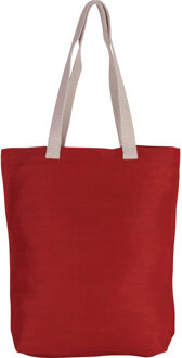 Katoenen schoudertasje in het rood met ecru hangsels 38 x 42 cm