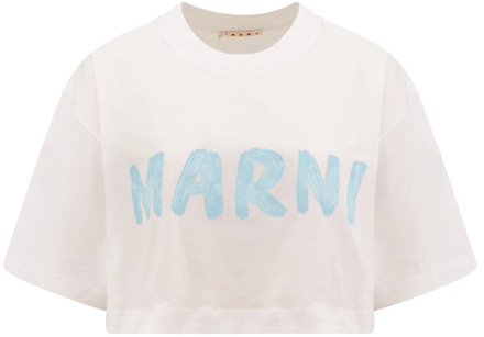 Katoenen T-Shirt met Frontaal Logo Marni , White , Dames - Xs,2Xs