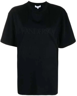 Katoenen T-shirt met geborduurd logo JW Anderson , Black , Dames - Xl,L,S,M/L