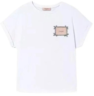 Katoenen T-shirt met Logo Borduursel en Strass Twinset , White , Dames - Xl,L,M,S,Xs