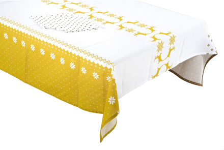 Katoenen tafelkleed/tafellaken met servetten goud/wit met rendieren 150 x 250 cm