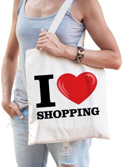 Katoenen tasje I love shopping - Boodschappentassen Beige