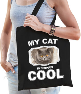 Katoenen tasje my cat is serious cool zwart - Britse kortharen / katten cadeau tas - Feest Boodschappentassen