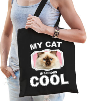 Katoenen tasje my cat is serious cool zwart - Rag dolls / katten cadeau tas - Feest Boodschappentassen