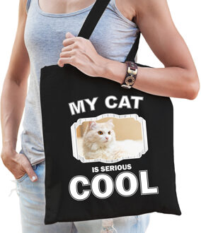 Katoenen tasje my cat is serious cool zwart - Witte katten / katten cadeau tas - Feest Boodschappentassen