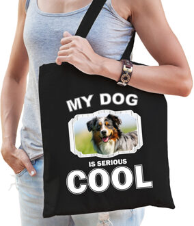 Katoenen tasje my dog is serious cool zwart - Australische herder honden cadeau tas - Feest Boodschappentassen