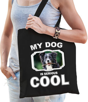 Katoenen tasje my dog is serious cool zwart - Border collie honden cadeau tas - Feest Boodschappentassen