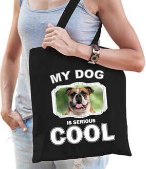 Katoenen tasje my dog is serious cool zwart - Britse bulldog honden cadeau tas - Feest Boodschappentassen