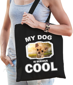 Katoenen tasje my dog is serious cool zwart - Chihuahua honden cadeau tas - Feest Boodschappentassen