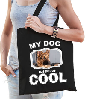 Katoenen tasje my dog is serious cool zwart - Duitse herder honden cadeau tas - Feest Boodschappentassen