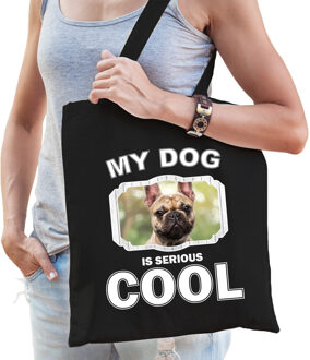 Katoenen tasje my dog is serious cool zwart - Franse bulldog honden cadeau tas - Feest Boodschappentassen