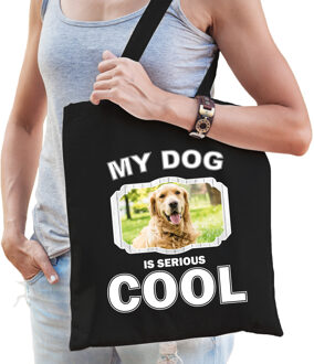 Katoenen tasje my dog is serious cool zwart - Golden retriever honden cadeau tas - Feest Boodschappentassen