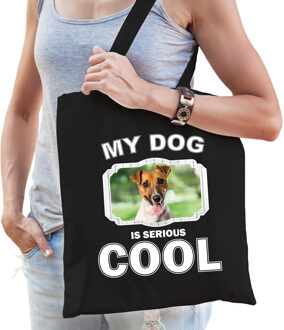 Katoenen tasje my dog is serious cool zwart - Jack russel honden cadeau tas - Feest Boodschappentassen