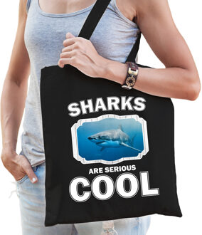 Katoenen tasje sharks are serious cool zwart - haaien/ haai cadeau tas - Feest Boodschappentassen