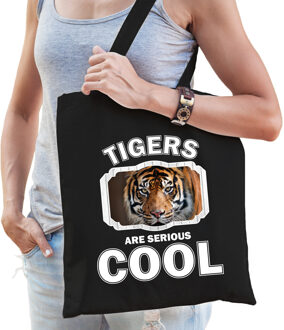 Katoenen tasje tigers are serious cool zwart - tijgers/ tijger cadeau tas - Feest Boodschappentassen