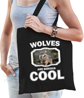 Katoenen tasje wolfs are serious cool zwart - wolven/ wolf cadeau tas - Feest Boodschappentassen