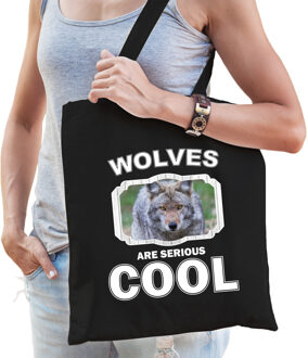 Katoenen tasje wolves are serious cool zwart - wolven/ wolf cadeau tas - Feest Boodschappentassen