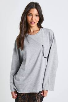 Katoenen Top Met Lange Mouwen Met Kanten Zak, Grey Marl - 38