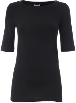 Katoenen V-Hals T-Shirt met Juweeldetail Brunello Cucinelli , Black , Dames - S