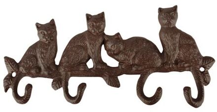 Katten kapstok/wandrekje van gietijzer met 4 kattenstaart haken 29 cm bruin - Kapstokken