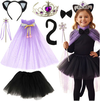 Katten kostuum - 7 delig - zwart/paars - polyester - carnaval - halloween - kinderen - meisjes One size