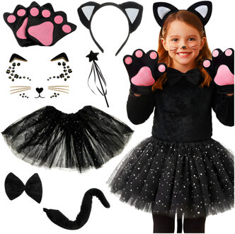 Katten kostuum - 7 delig - zwart/roze- polyester - carnaval - halloween - kinderen - meisjes One size