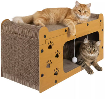 Katten krabmeubel ligbed - 2 niveaus - karton / HDF - 29 x 55 x 29 cm - kattenkrabpaal met huisje