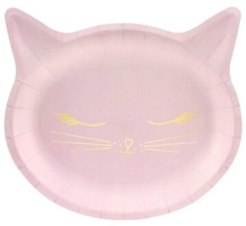Katten/Poes thema feest borden - 22 x 20 cm - Roze - Kinderverjaardag/kinderfeestje poezen
