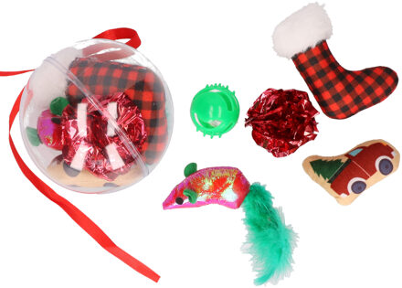 Katten/poezen speelgoed - 5x st speeltjes in kerstbal giftbox - kerstcadeau Multi