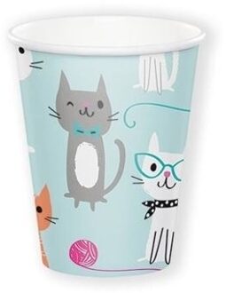 Katten/poezen verjaardag feest thema bekertjes - 8x stuks - 250 ml - wegwerpbekertjes - karton Multi