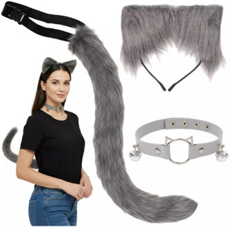 Katten verkleed kostuum - 3-delig - grijs - staart, oortjes en halsband - One size