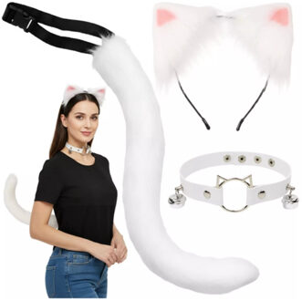 Katten verkleed kostuum - 3-delig - wit - staart, oortjes en halsband - One size