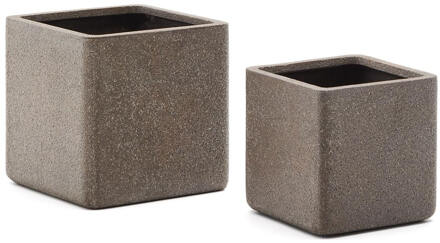 Kave Home Lage Plantenpot 'Minoa' Polystone, Set van 2 stuks, kleur Bruin