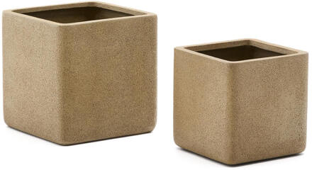 Kave Home Lage Plantenpot 'Minoa' Polystone, Set van 2 stuks, kleur Mosterdgeel