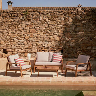 Kave Home Loungeset 'Frares' Acaciahout, Met 2-zits Bank, 2 fauteuils en salontafel Beige