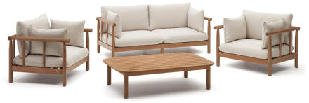 Kave Home Loungeset 'Sacova' Eucalyptushout, Met 2 fauteuils, 2-zitsbank en salontafel Beige