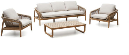 Kave Home Loungeset 'Vellana' Acaciahout, Met 3-zits bank, 2 fauteuils en salontafel Beige