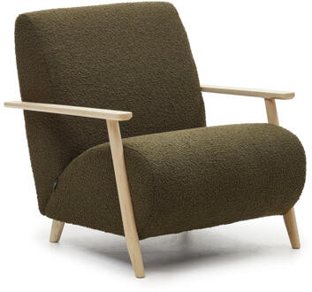 Kave Home Meghan fauteuil van groen fleece met massief essenhouten