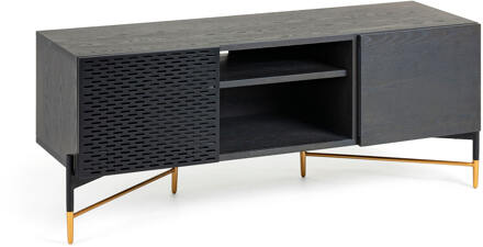 Kave Home Milian 2-deurs TV-meubel van essenhoutfineer met zwart & Bruin, Goud, Zwart
