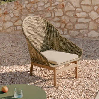Kave Home Outdoor Fauteuil 'Olbia' Met hoge rug, Rattan en Teakhout Groen