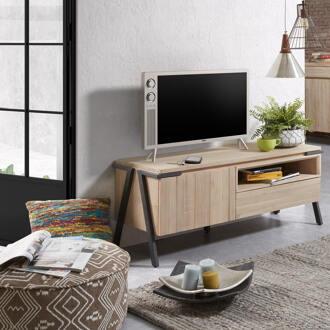 Kave Home Thinh TV-meubel, 1 deur en 1 lade van massief acaciahout Bruin, Zwart
