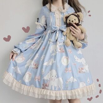 Kawaii Japanse Lolita Vintage Jurk Lam Afdrukken Lolita Vrouwen Jurk Soft Meisje Stijl Schattige Prinses Kanten Jurk Leuke Blauw / S