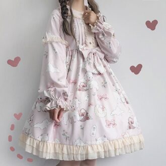 Kawaii Japanse Lolita Vintage Jurk Lam Afdrukken Lolita Vrouwen Jurk Soft Meisje Stijl Schattige Prinses Kanten Jurk Leuke Roze / S
