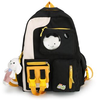 Kawaii Nylon Vrouwen Rugzak Mode Waterdichte Rugzak Voor Tienermeisjes Schooltas Leuke Student Boekentas Reizen Mochila zwart / met pendant