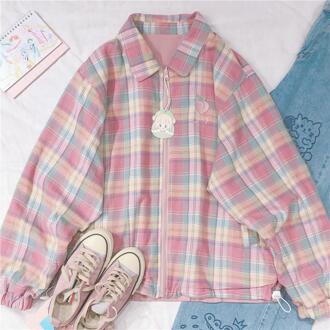 Kawaii Perzik Borduren Rainbow Jassen Plaid Jas Herfst Harajuku Losse Roze Vrouwen Jas Tops Je Kunt Dragen Op Zowel zijden